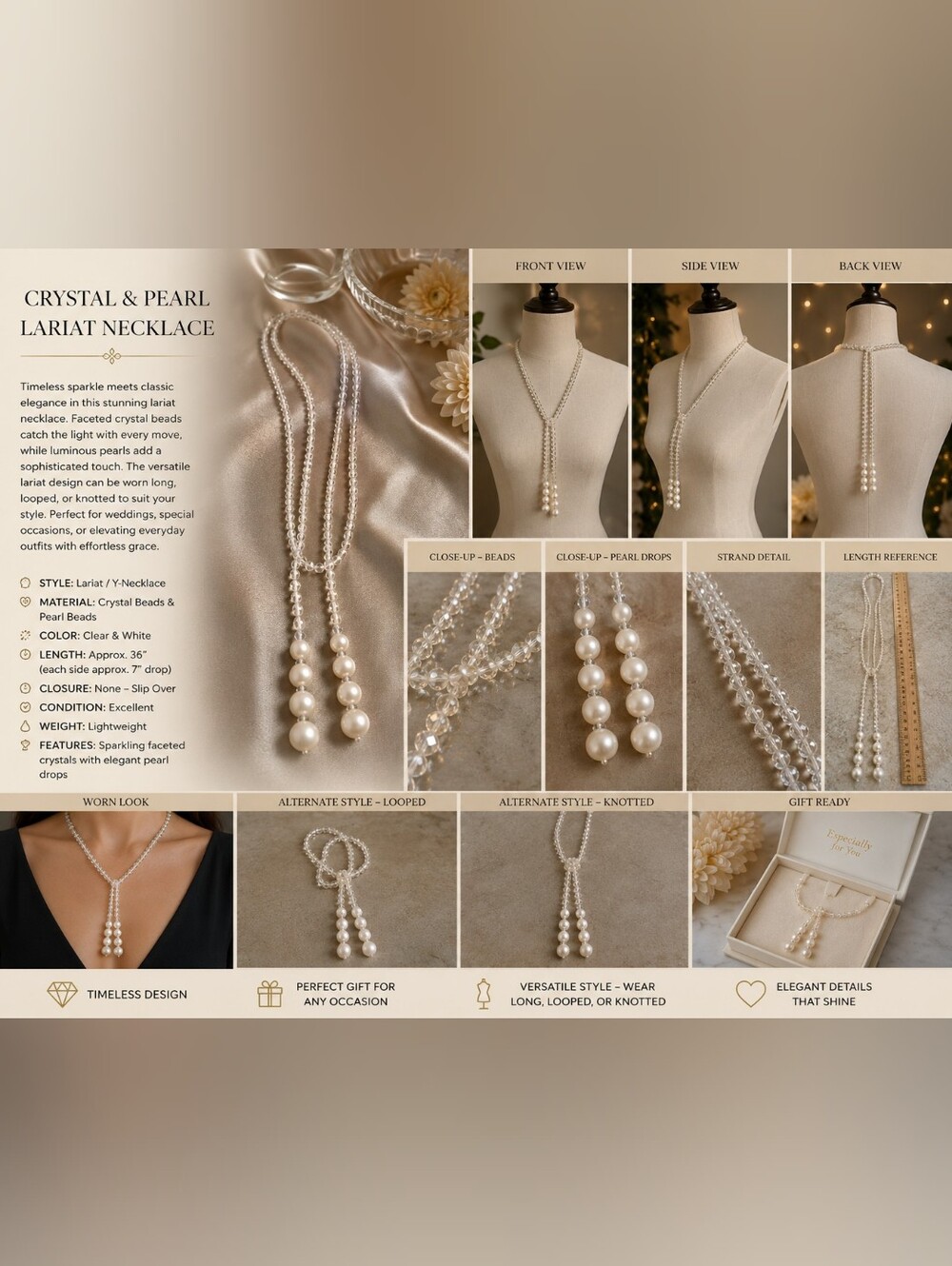 Crystal & Pearl Lariat Necklace - White Pearl - Picture 4 of 4